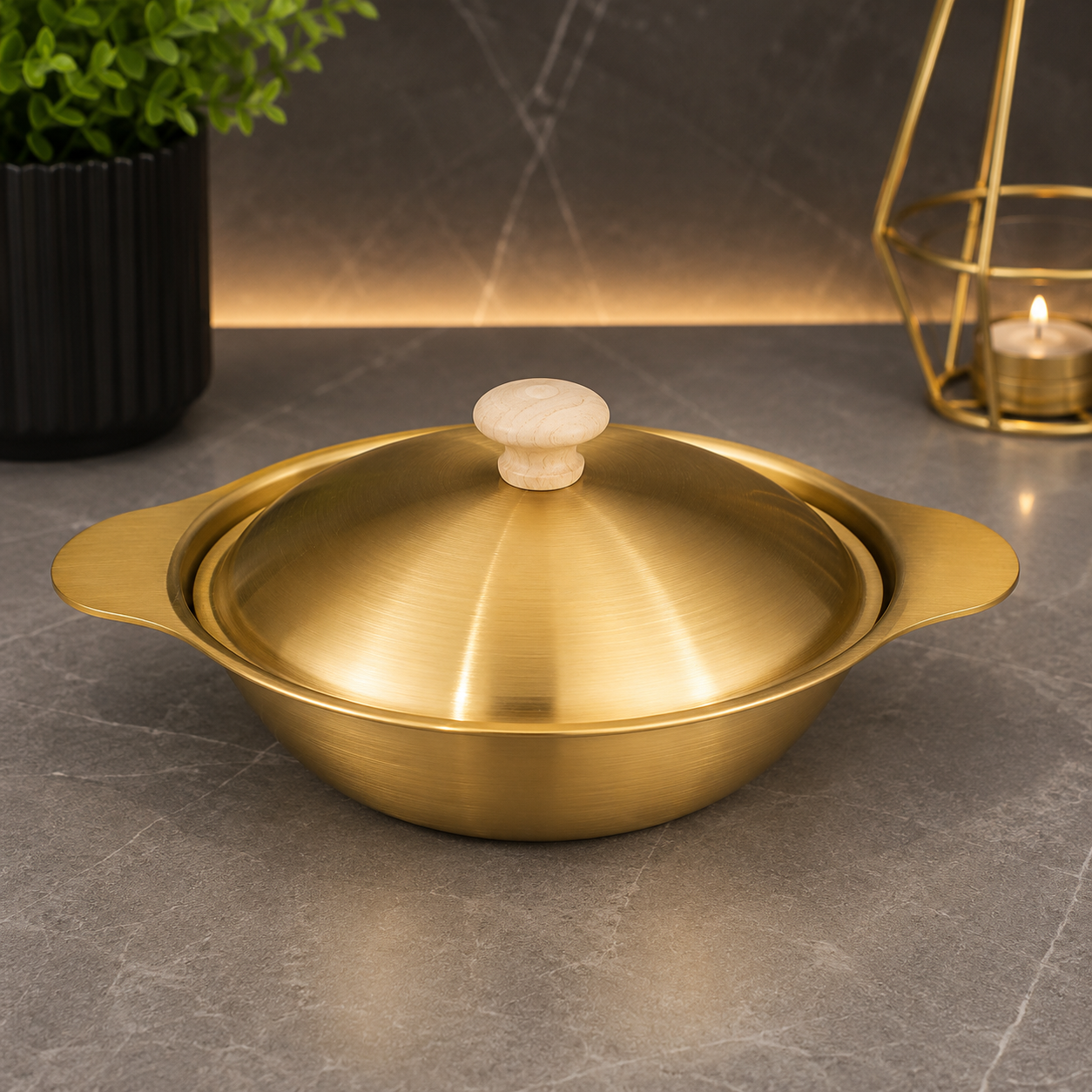 Luxury Golden Serving Bowl with Wooden Knob Lid – 27cm