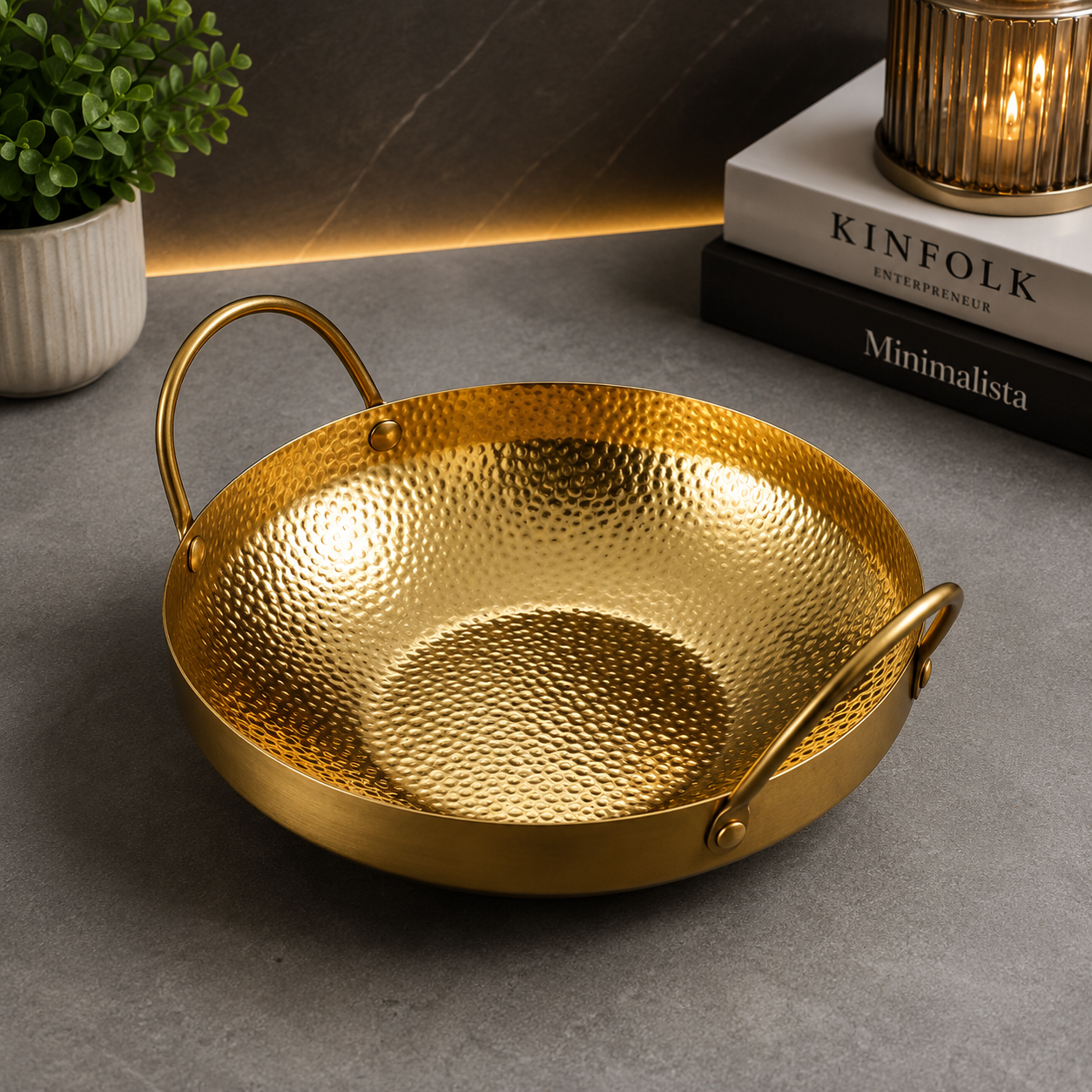 Luxury Golden Hammered Wok Serving Bowl – 22cm