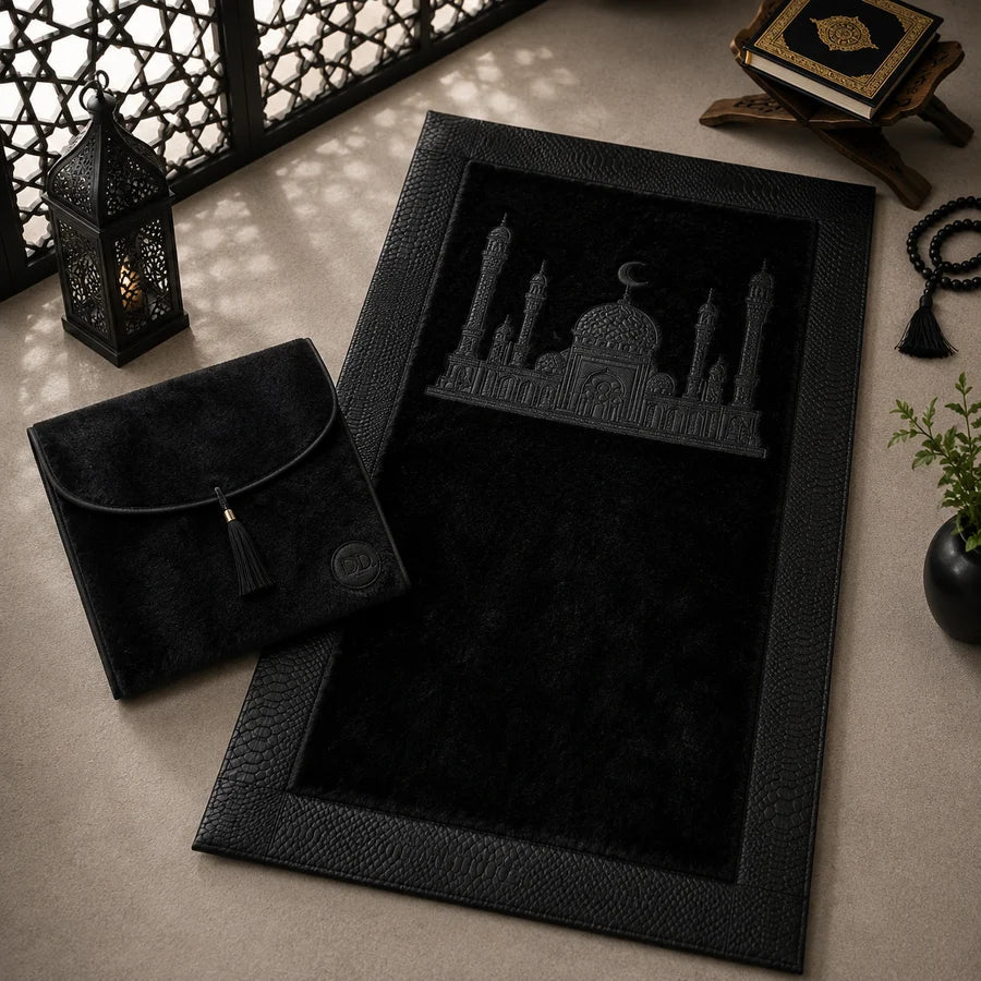 HomeIbadah Litchi Leather Prayer Mat- Black