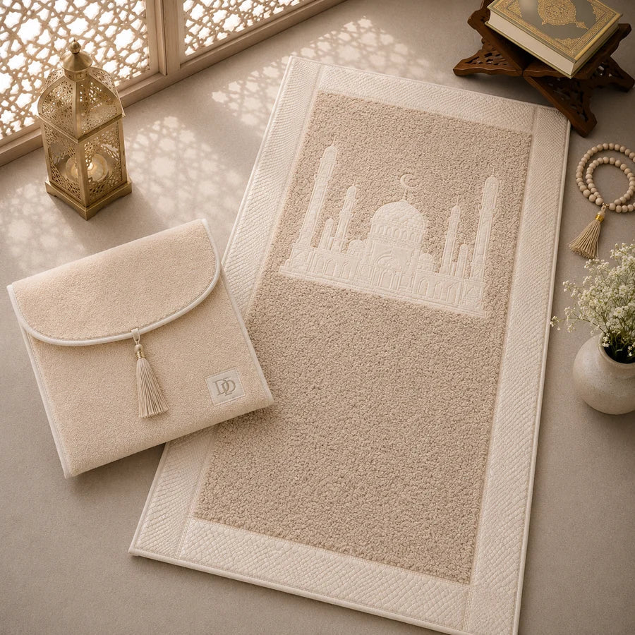 HomeIbadah Turkish Fleece Litchi Leather Prayer Mat - Beige
