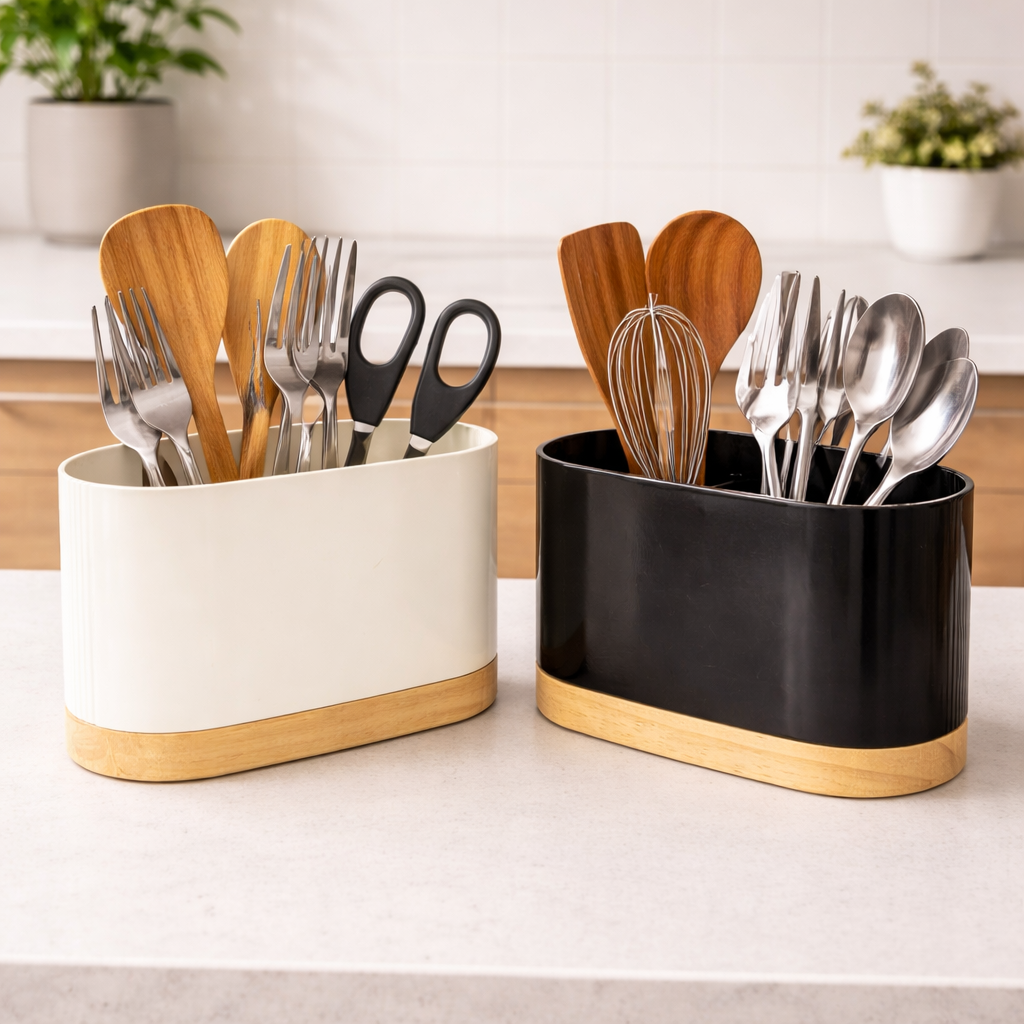 Modern Dual-Tone Kitchen Cutlery & Utensil Holder Set