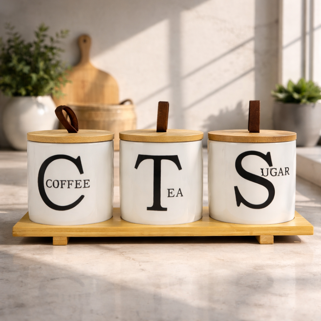 Elegant Coffee Tea Sugar Ceramic Jar Set with Bamboo Tray