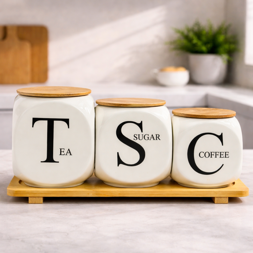 Modern Ceramic Tea Coffee Sugar Storage Jar Set with Bamboo Tray
