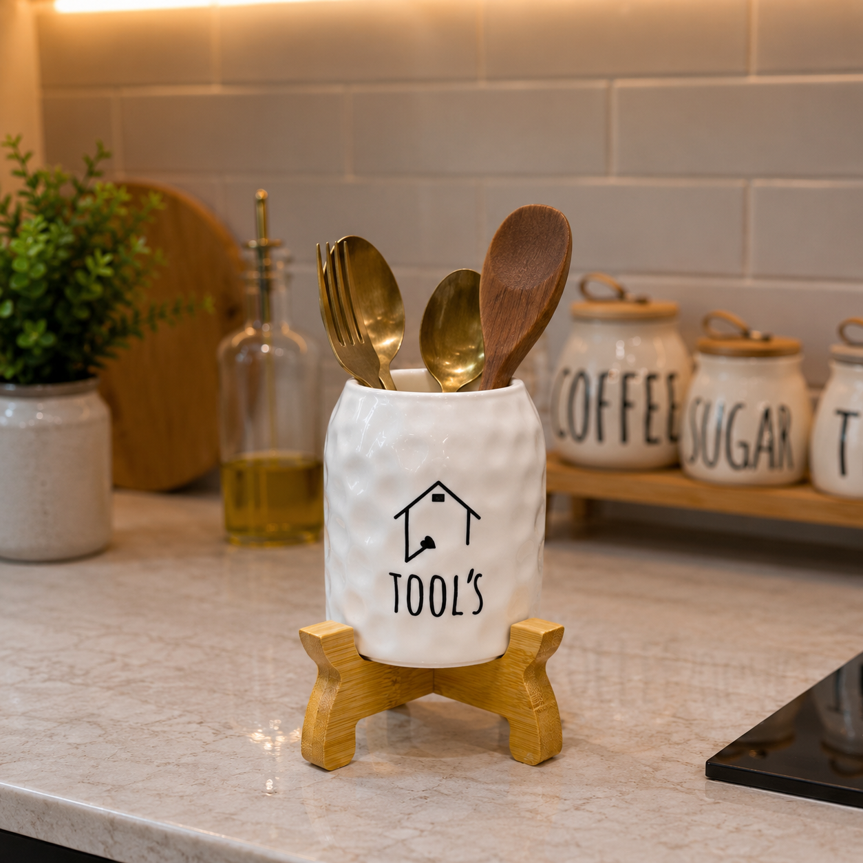 Nordic Home Ceramic Spoon Holder with Bamboo Stand