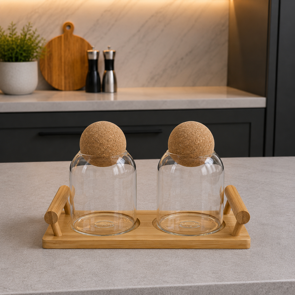 Nordic Ball-Top Glass Jar Set with Bamboo Tray