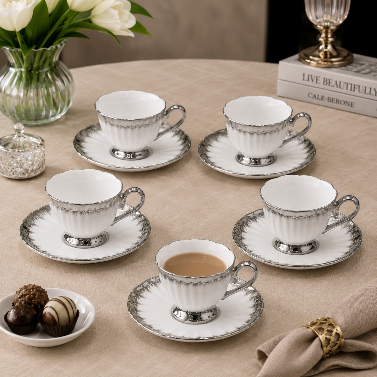 Brilliant Silver Pearl Luxury Tea Cup & Saucer Set – 6 Pcs