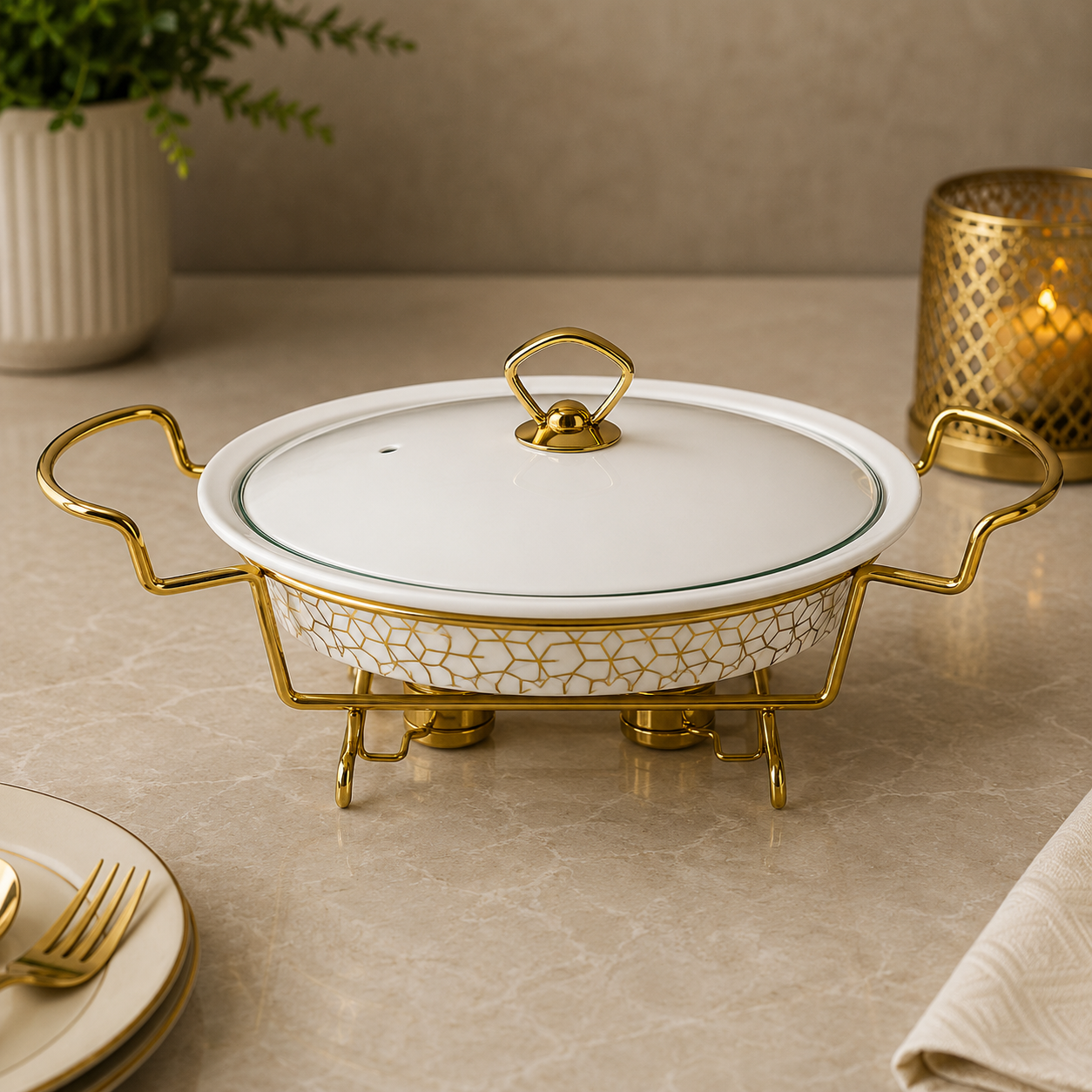 Brilliant Golden Harmony 11" Ceramic Casserole with Metal Stand