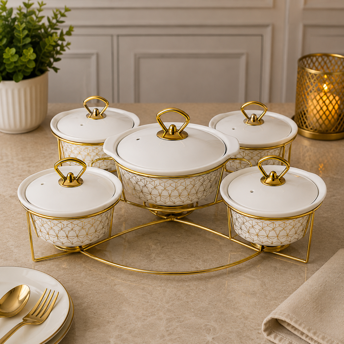 Brilliant Royal Feast 5PCS Round Ceramic Casserole Set with Metal Stand
