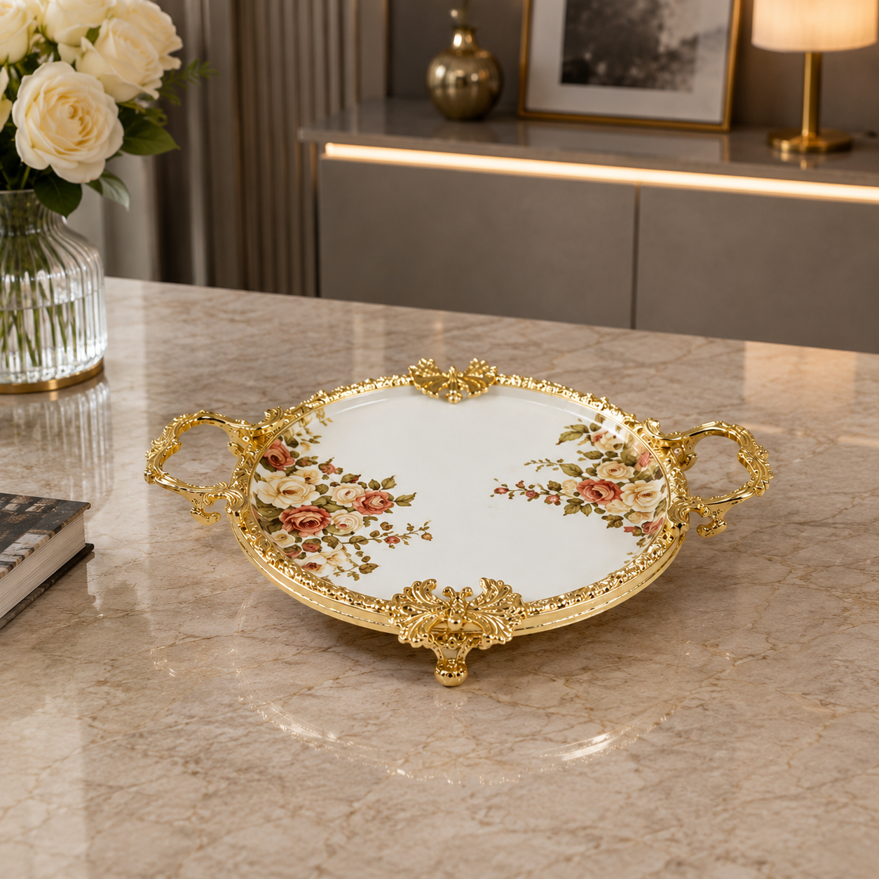 Brilliant Royal Floral Gold Round Flat Tray – 19x6cm