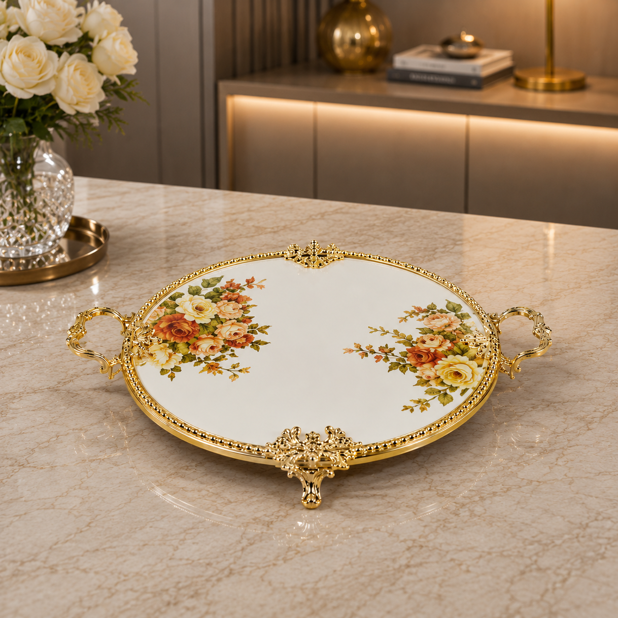 Royal Blossom Gold Round Flat Tray – 35x6cm