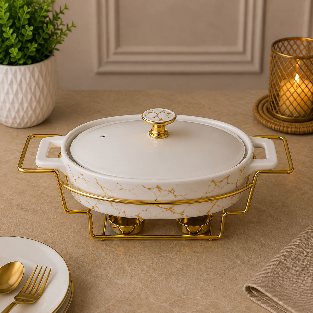 Marble Elegance 11" Ceramic Casserole with Metal Stand
