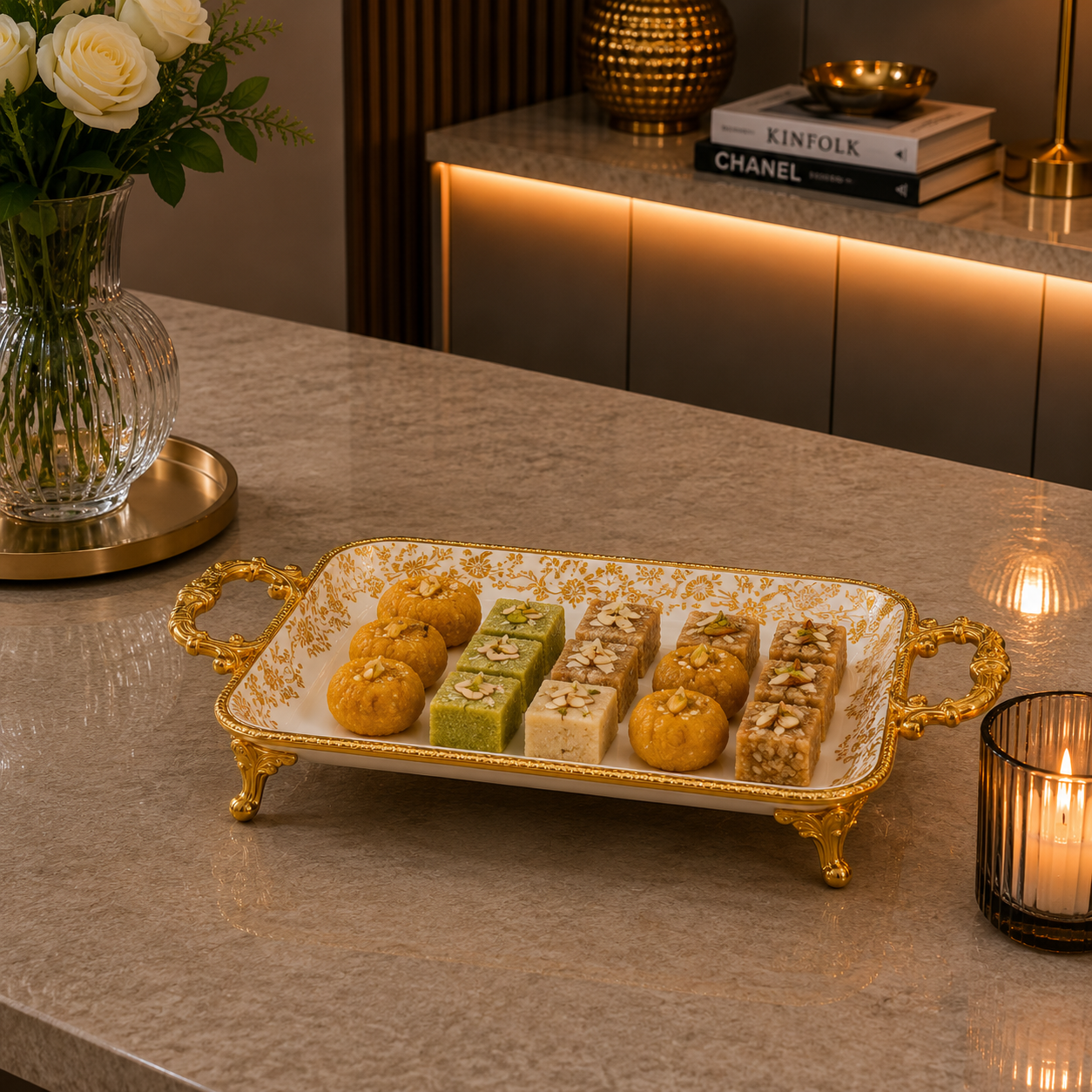 Brilliant Royal Gold Rectangle Flat Serving Tray – 41x21x6cm