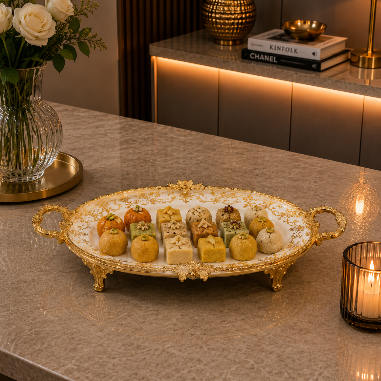 Brilliant Royal Gold Oval Flat Serving Tray – 42x25.5x6cm