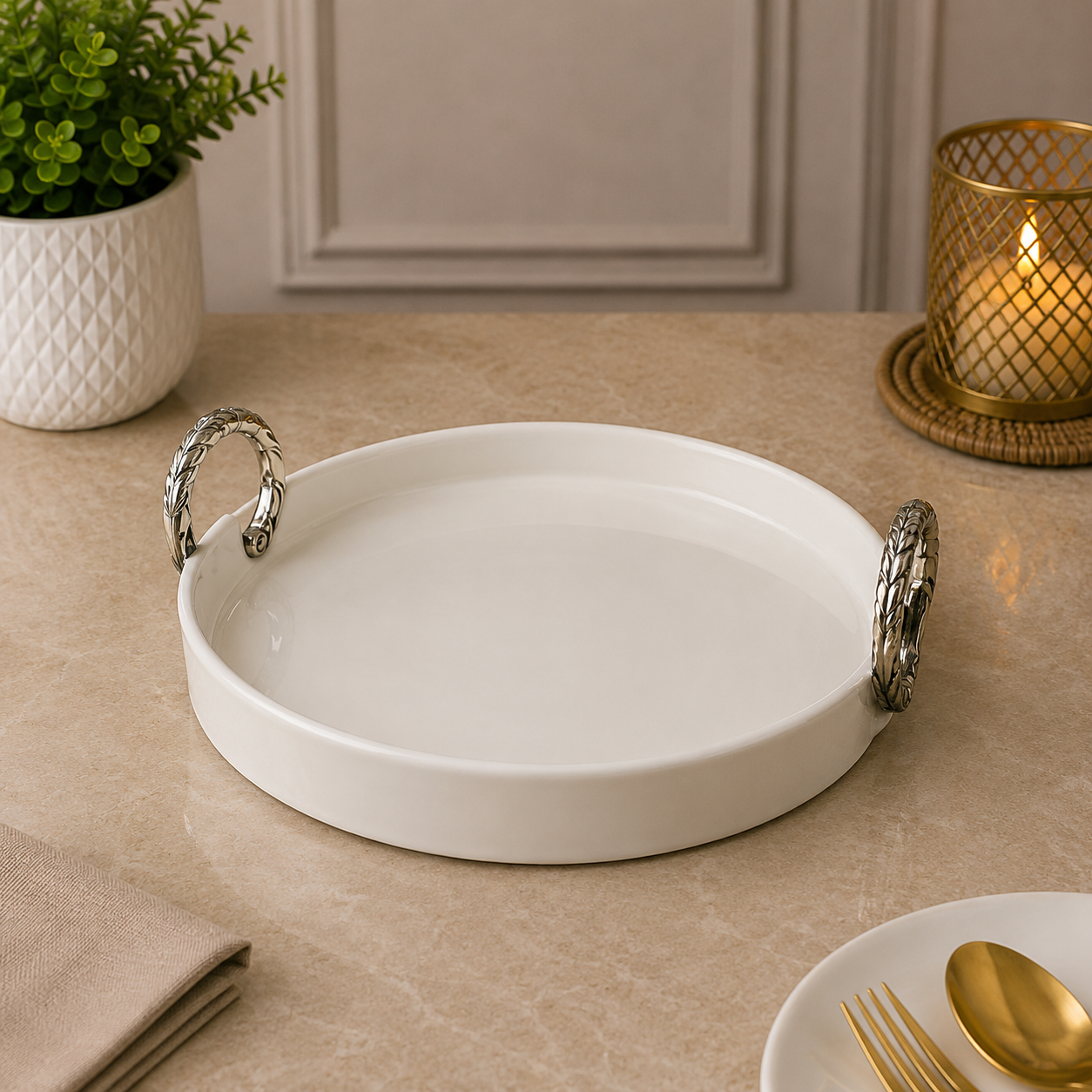 Brilliant Classic Serve 10.75" Ceramic Plate with Metal Handles