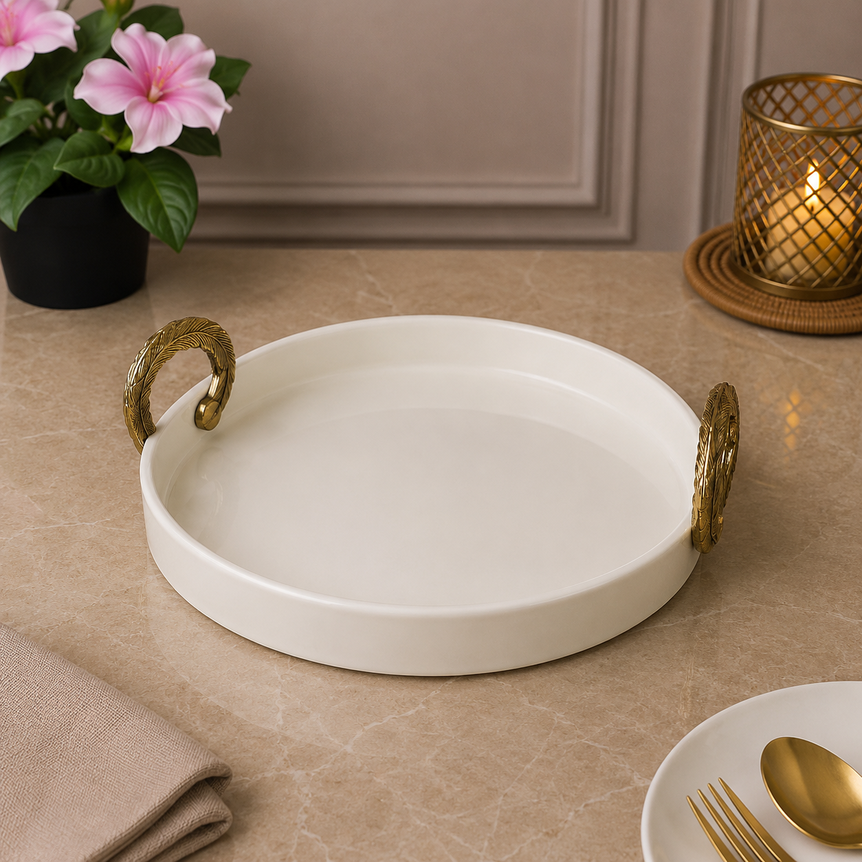 Brilliant Golden Leaf 10.75" Ceramic Plate with Metal Handles
