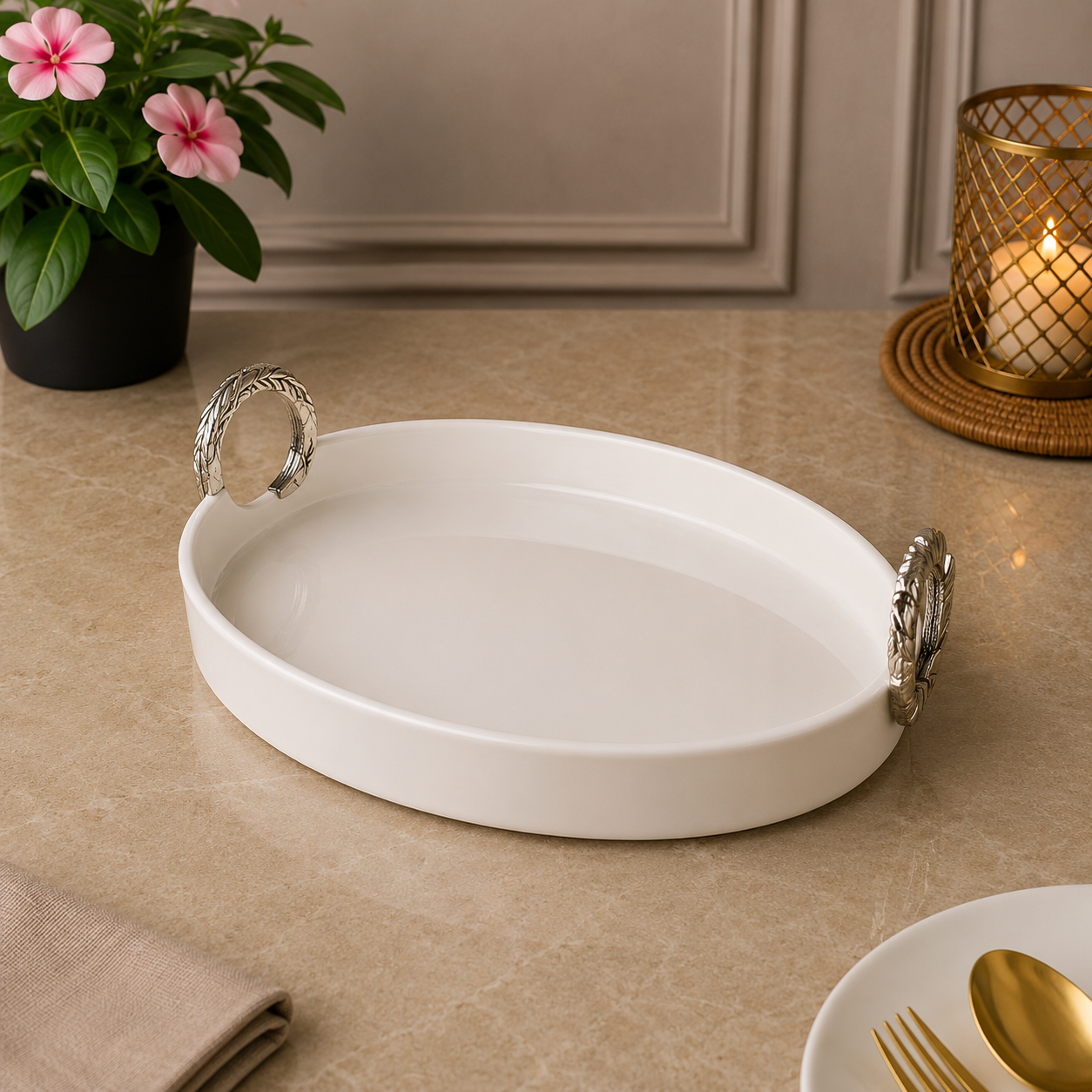 Brilliant Silver Grace 12.5" Oval Ceramic Plate with Metal Handles