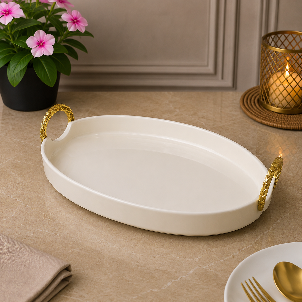 Brilliant Golden Oval Luxe 12.5" Ceramic Plate with Metal Handles