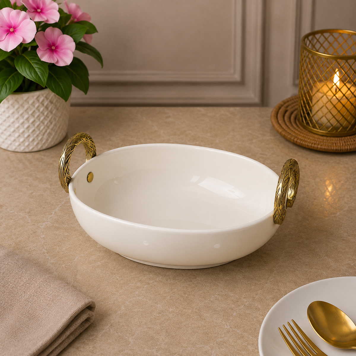 Brilliant Golden Harmony 10.25" Oval Ceramic Bowl with Metal Handles