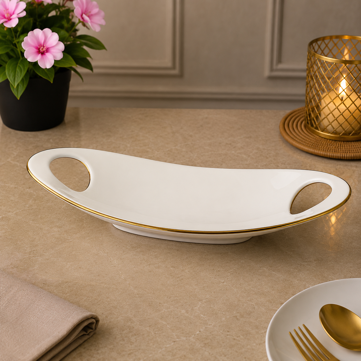 Brilliant Golden Curve 16" Ceramic Snack Long Plate