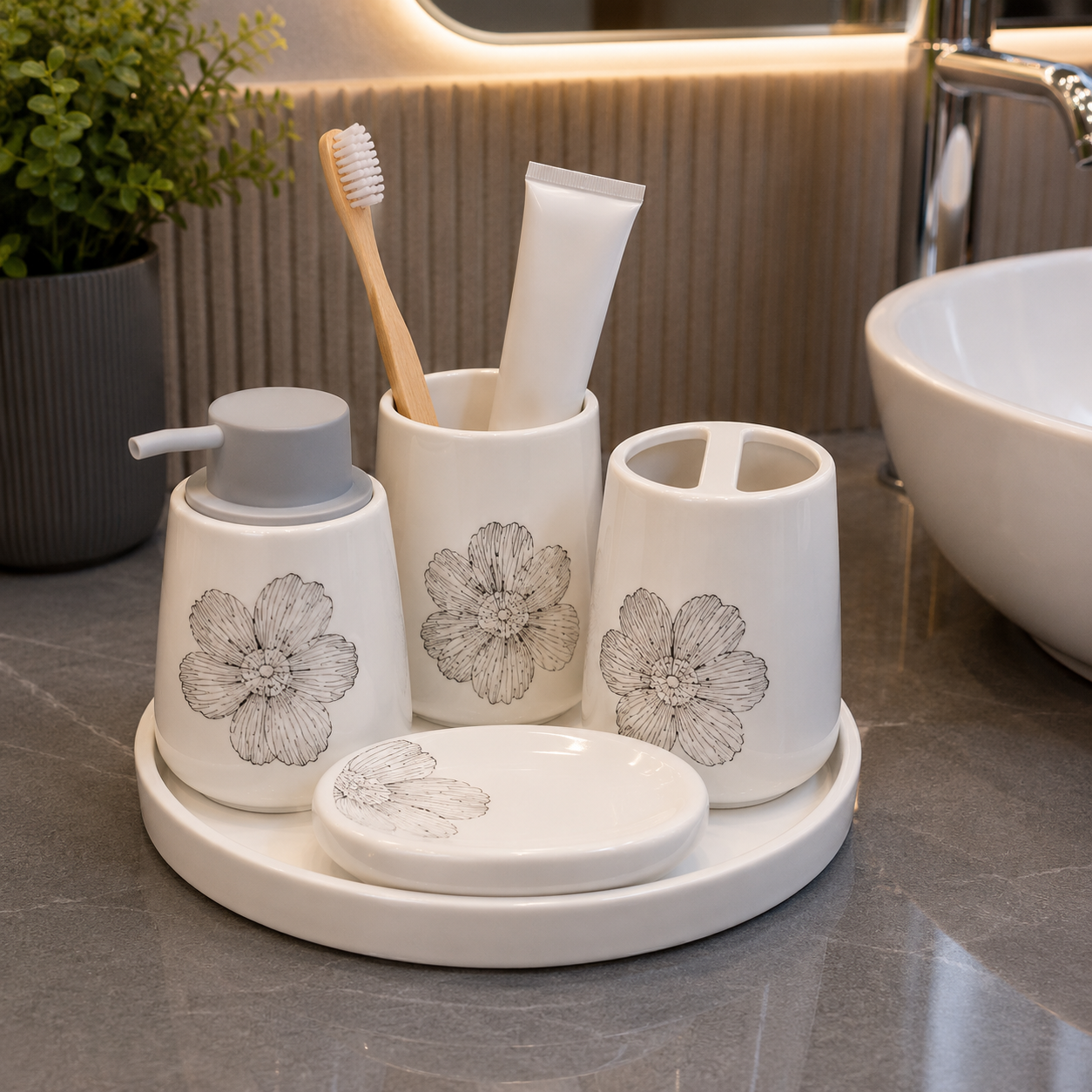 Brilliant Luxury White Floral Bathroom Tray Set