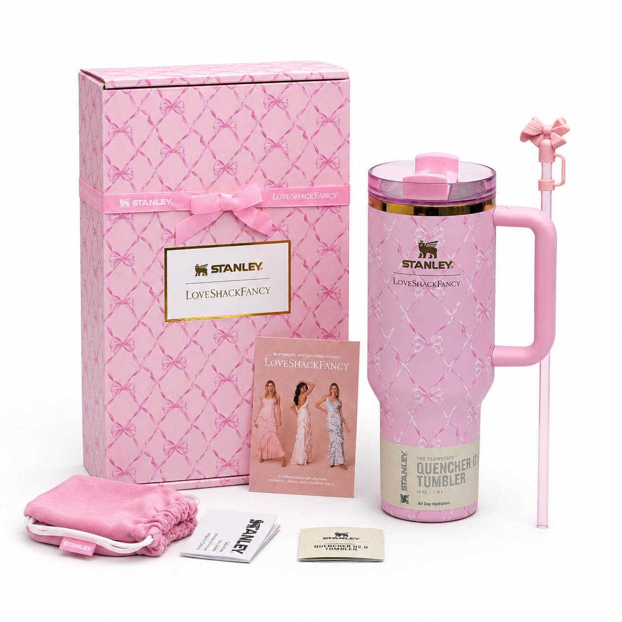 Stanley x LoveShackFancy 40oz Quencher H2.0 FlowState Tumbler – Baby Bow Pink Peppermint