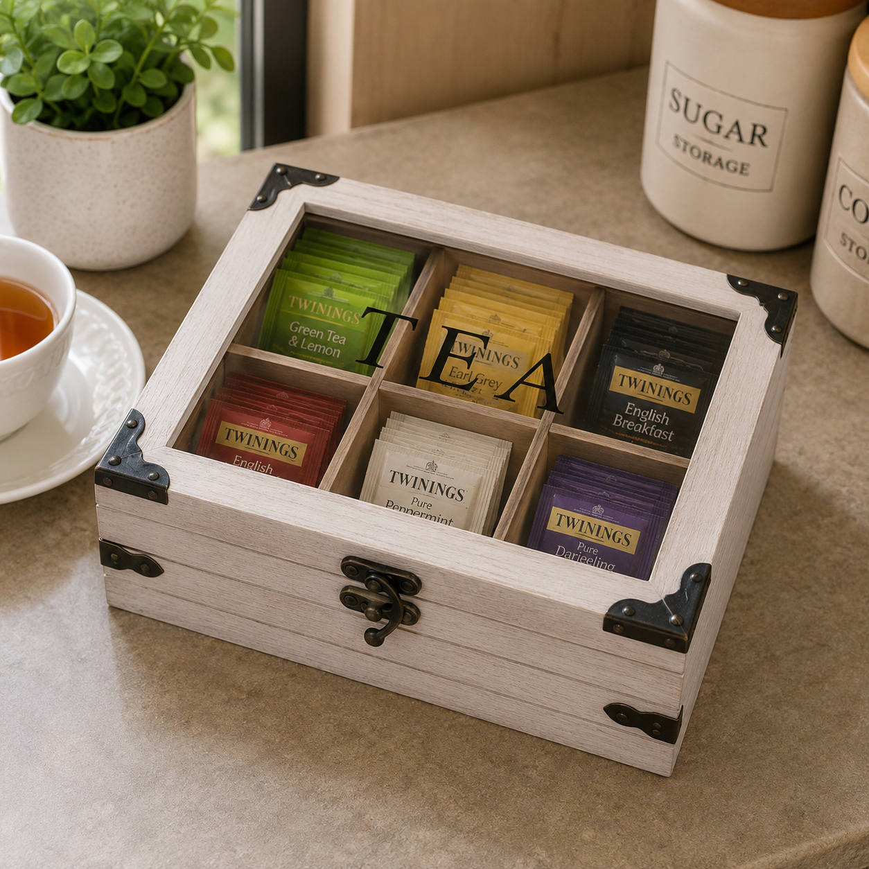 Rustic Wooden Tea Bag Storage Organizer
