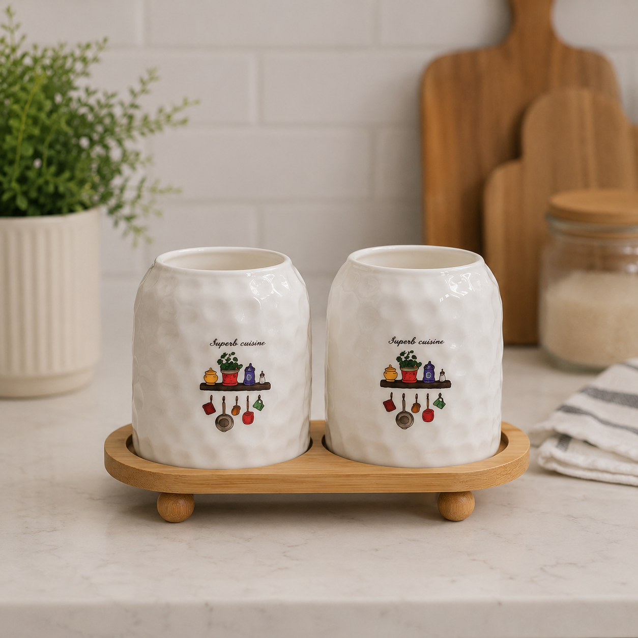 Textured Ceramic Spoon Holder Set with Wooden Tray