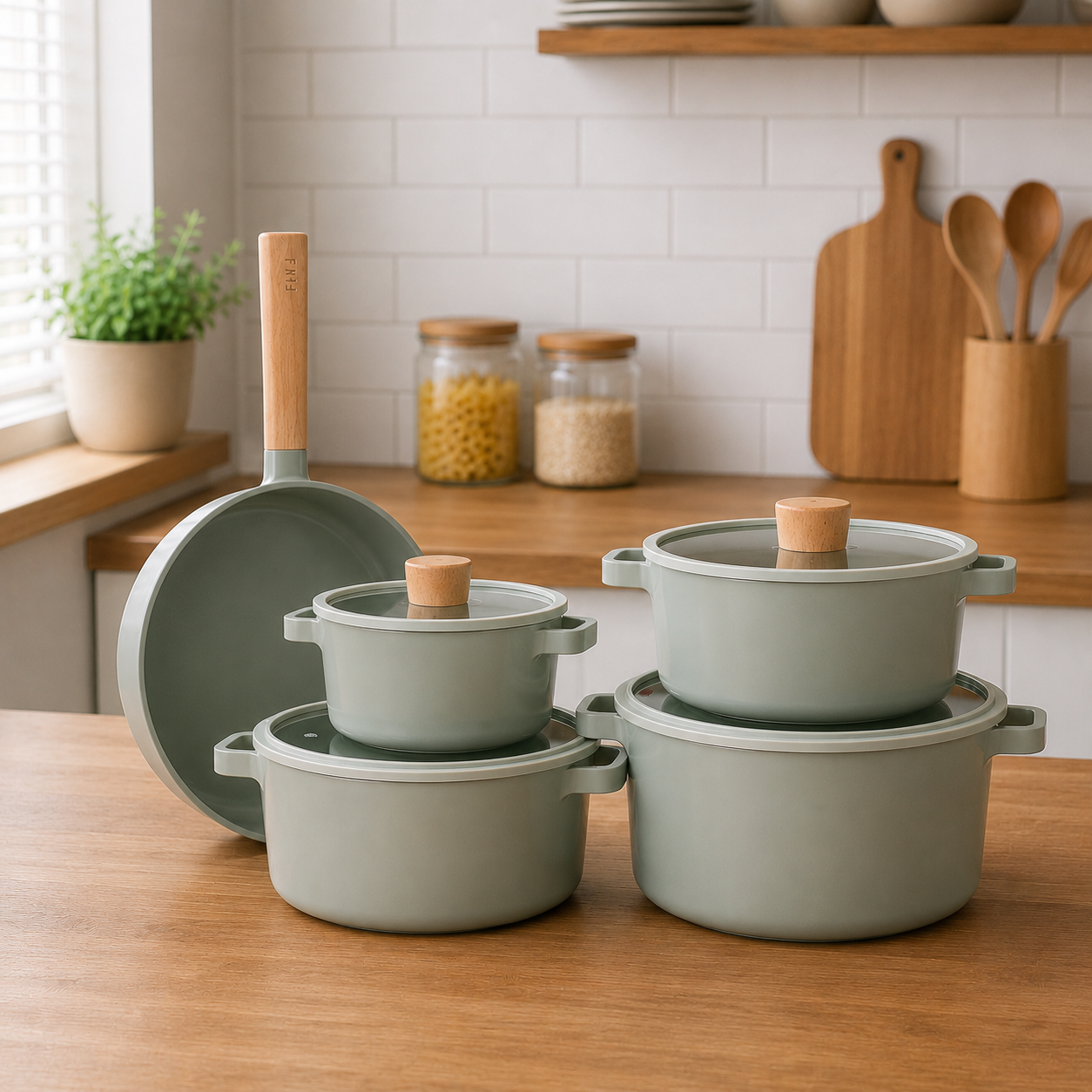 Modern Sage Green Nonstick Cookware Set