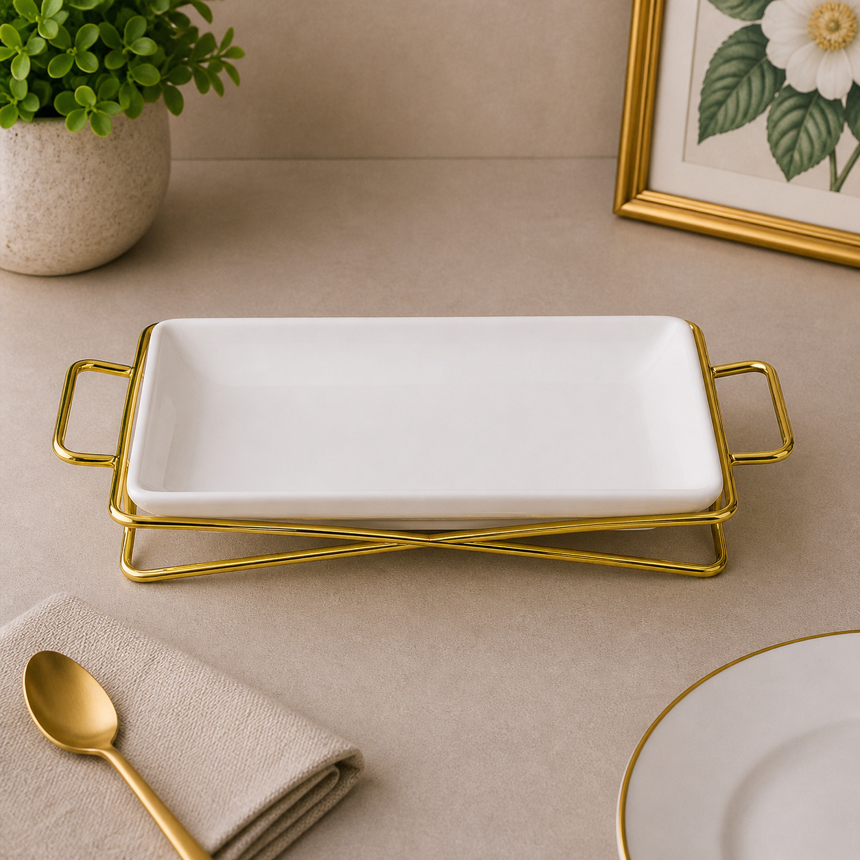 Brilliant 12-Inch Rectangular Ceramic Serving Plate with Gold Metal Stand