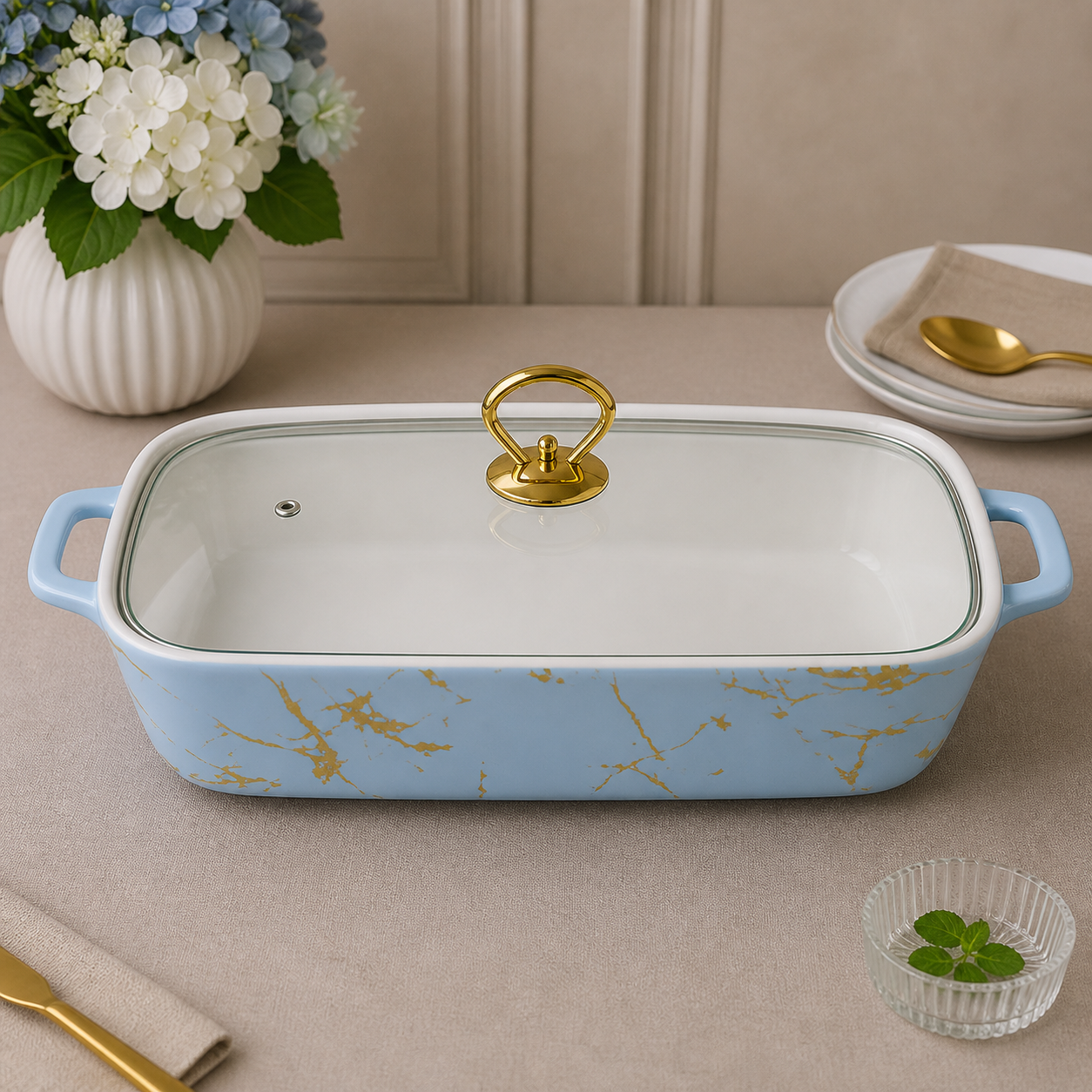 Brilliant 14-Inch Rectangular Ceramic Casserole Dish with Glass Lid
