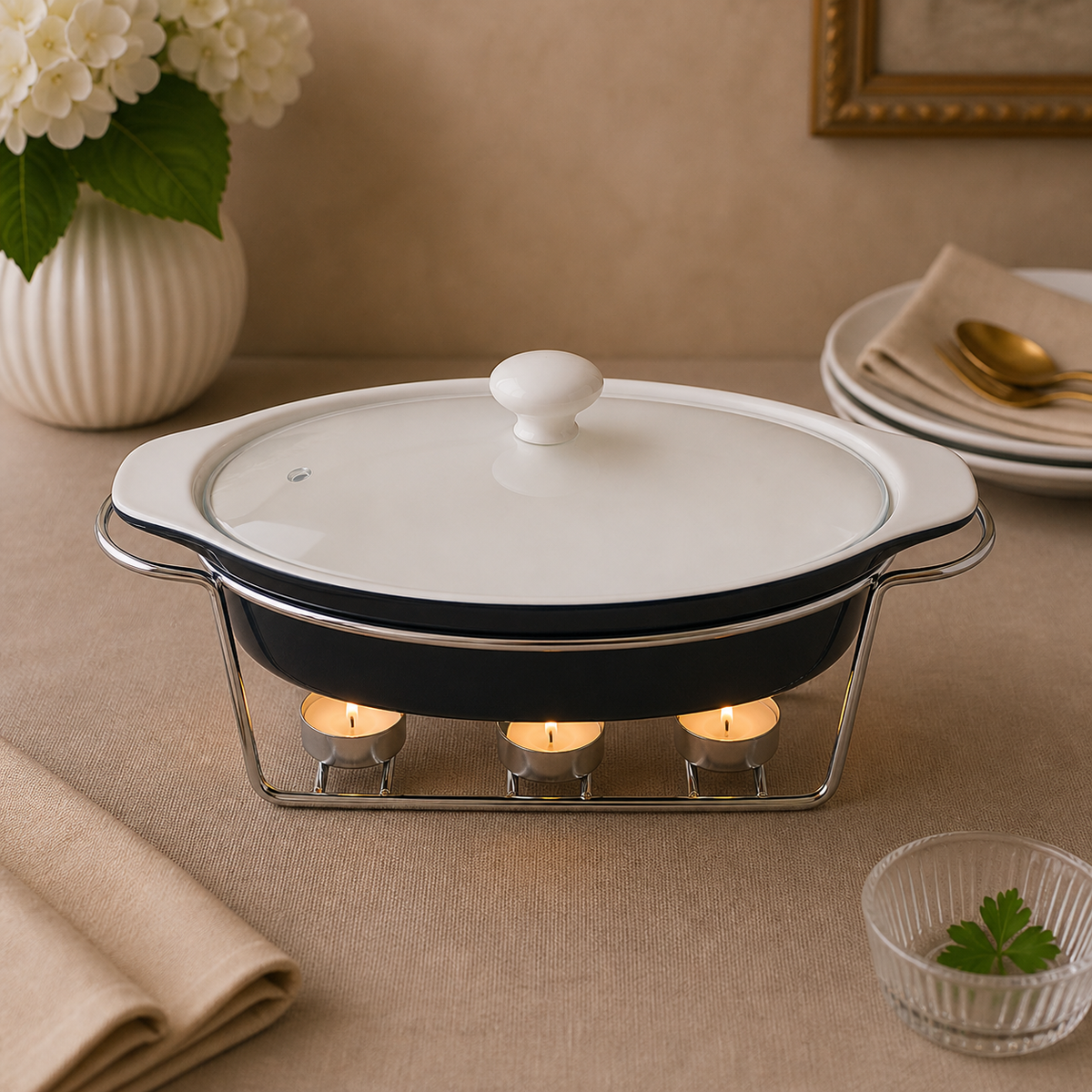 Brilliant 13-Inch Oval Ceramic Chafing Dish with Glass Lid & Metal Candle Stand