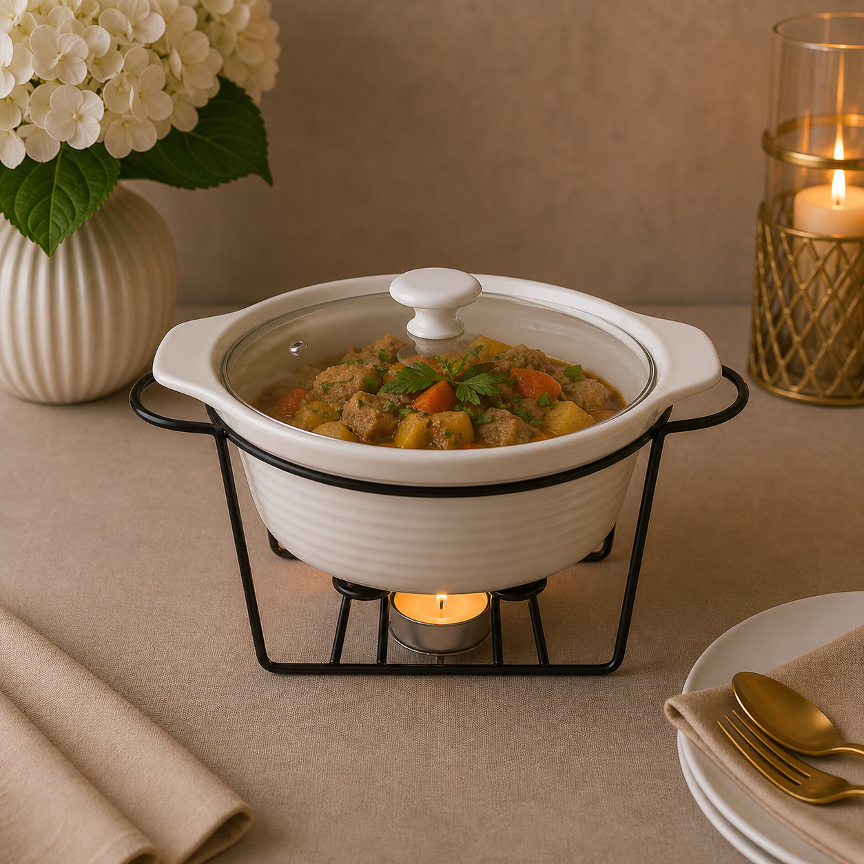 Brilliant Round Ceramic Burner Dish with Metal Stand
