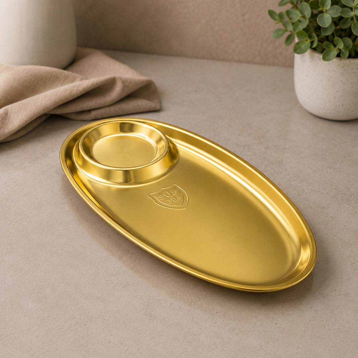 Premium Oval Snack Plate – 24 × 12 × 2.2cm Gold Finish