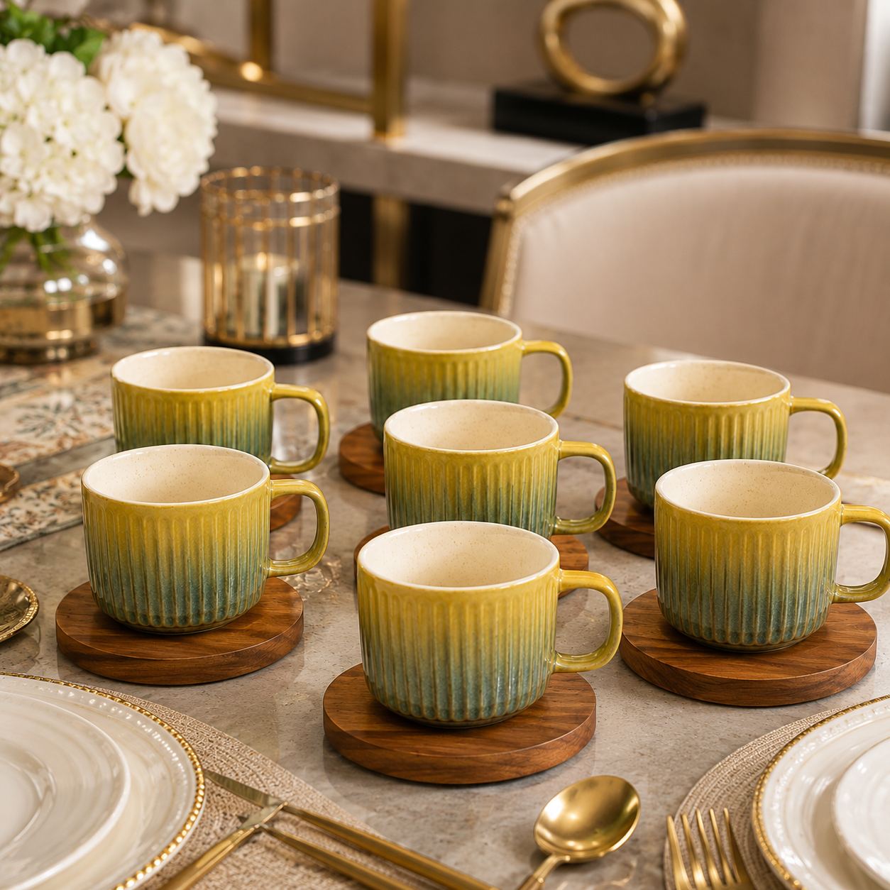 Stone Ceramic Cup with Wooden Saucer – 6 Pcs Luxury Mug Set