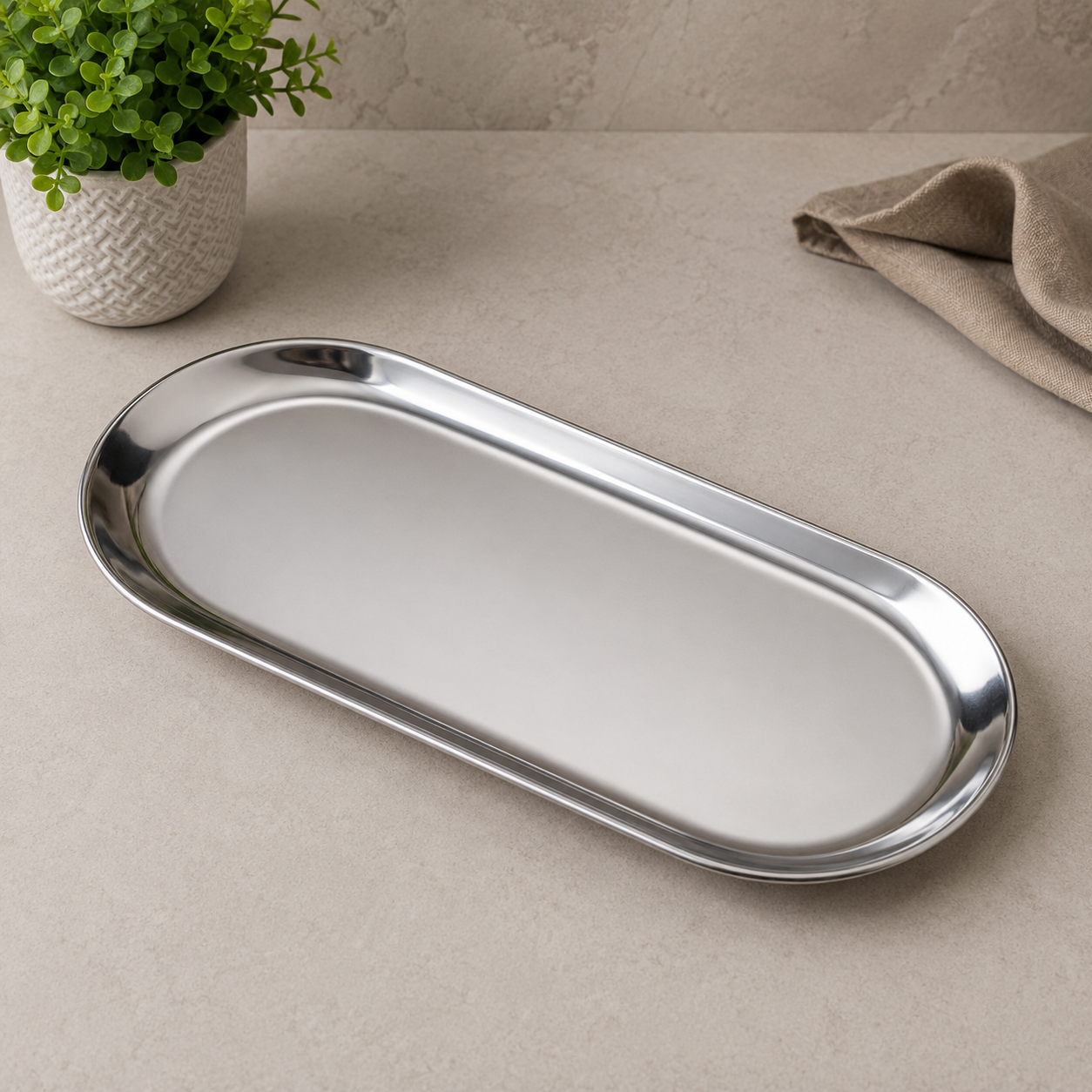Premium Oval Long Tray – 14 × 34cm Silver Finish