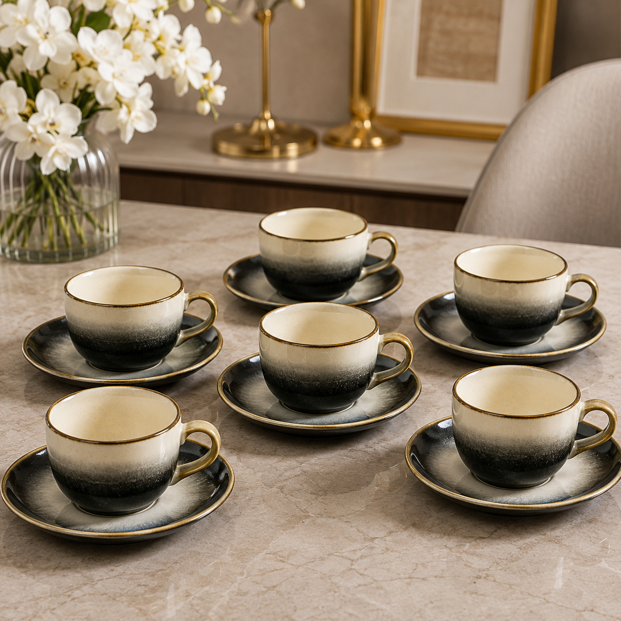 Cup N Saucer Stone Heavy Ceramic Set – 6 Pcs Luxury Collection