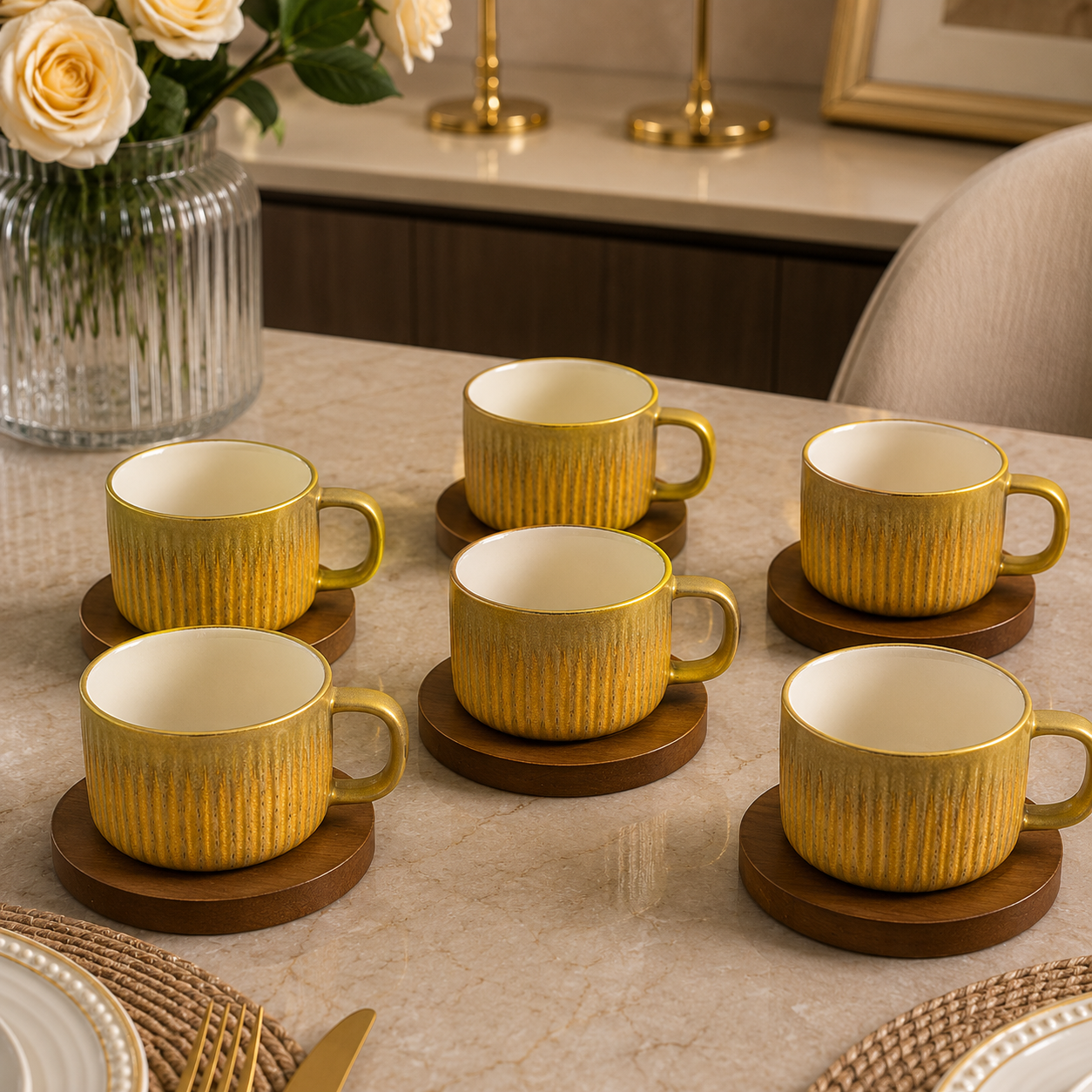 Stone Ceramic Cup with Wooden Saucer – 6 Pcs Golden Ribbed Mug Set