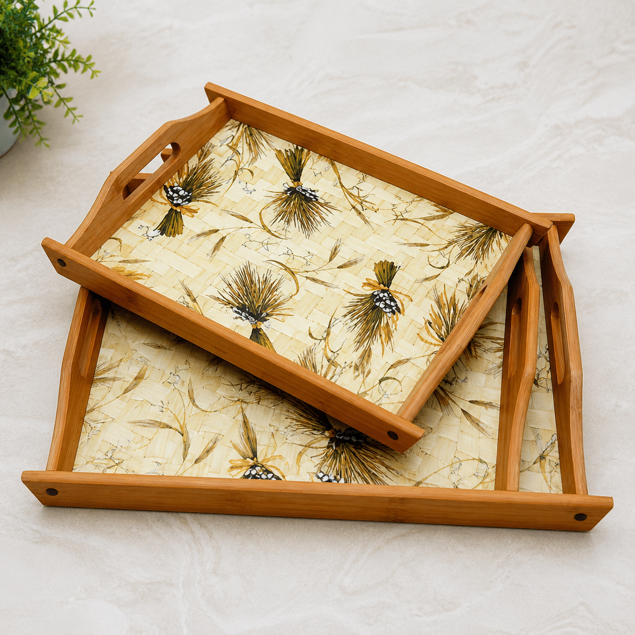 Premium Quality Set of 3 Bamboo Wooden Printed Trays