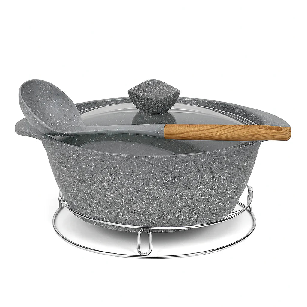 Kung Fu Master Non-Stick Cooking Pot with Induction Plate, Iron Stand & Spoon - 32cm