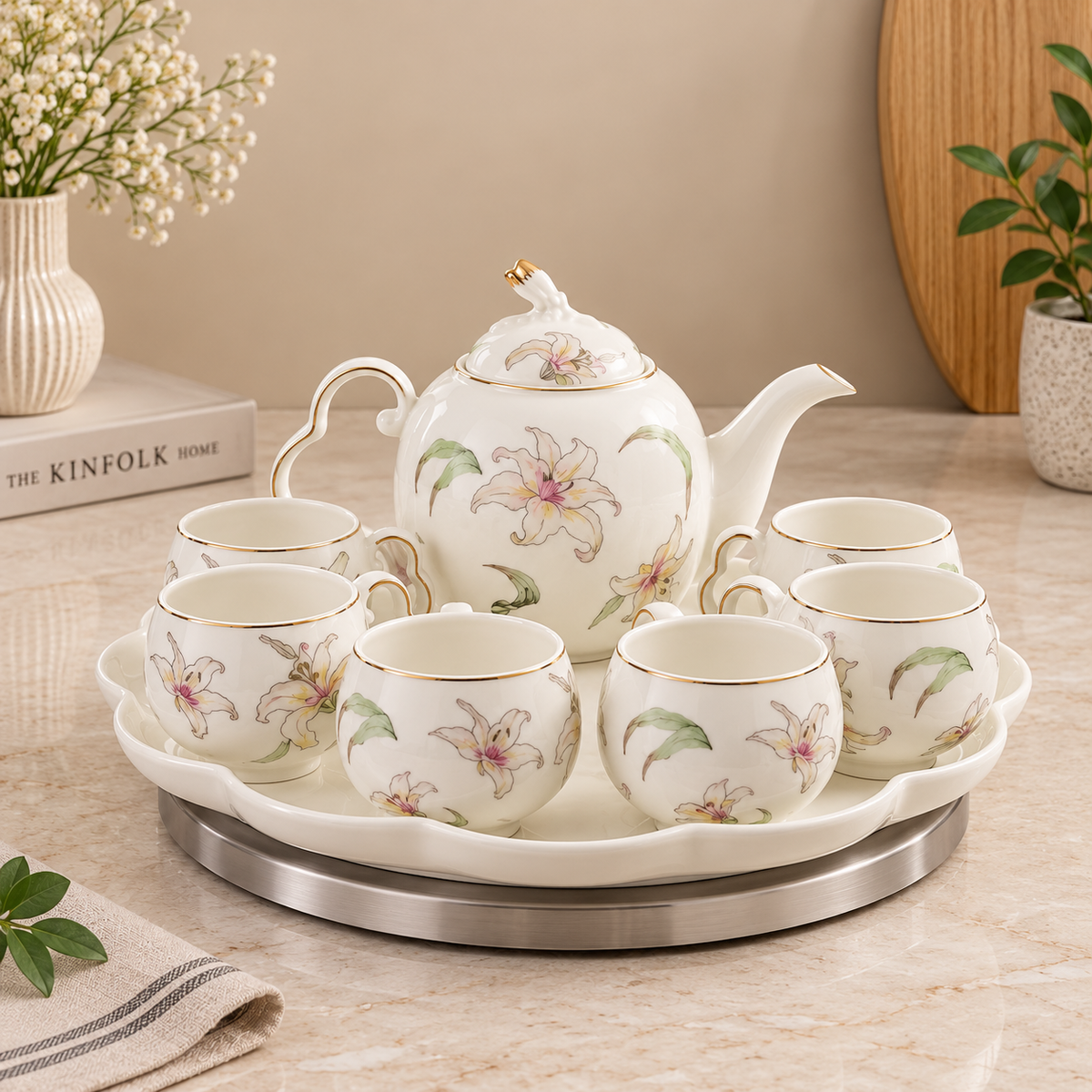 Premium 8-Piece Tea Set with Teapot & Rotating Tray