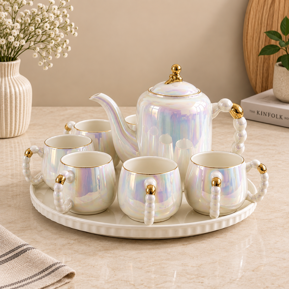 Premium 8-Piece Ceramic Tea Set with 6 Cups, Kettle & Rotating Tray