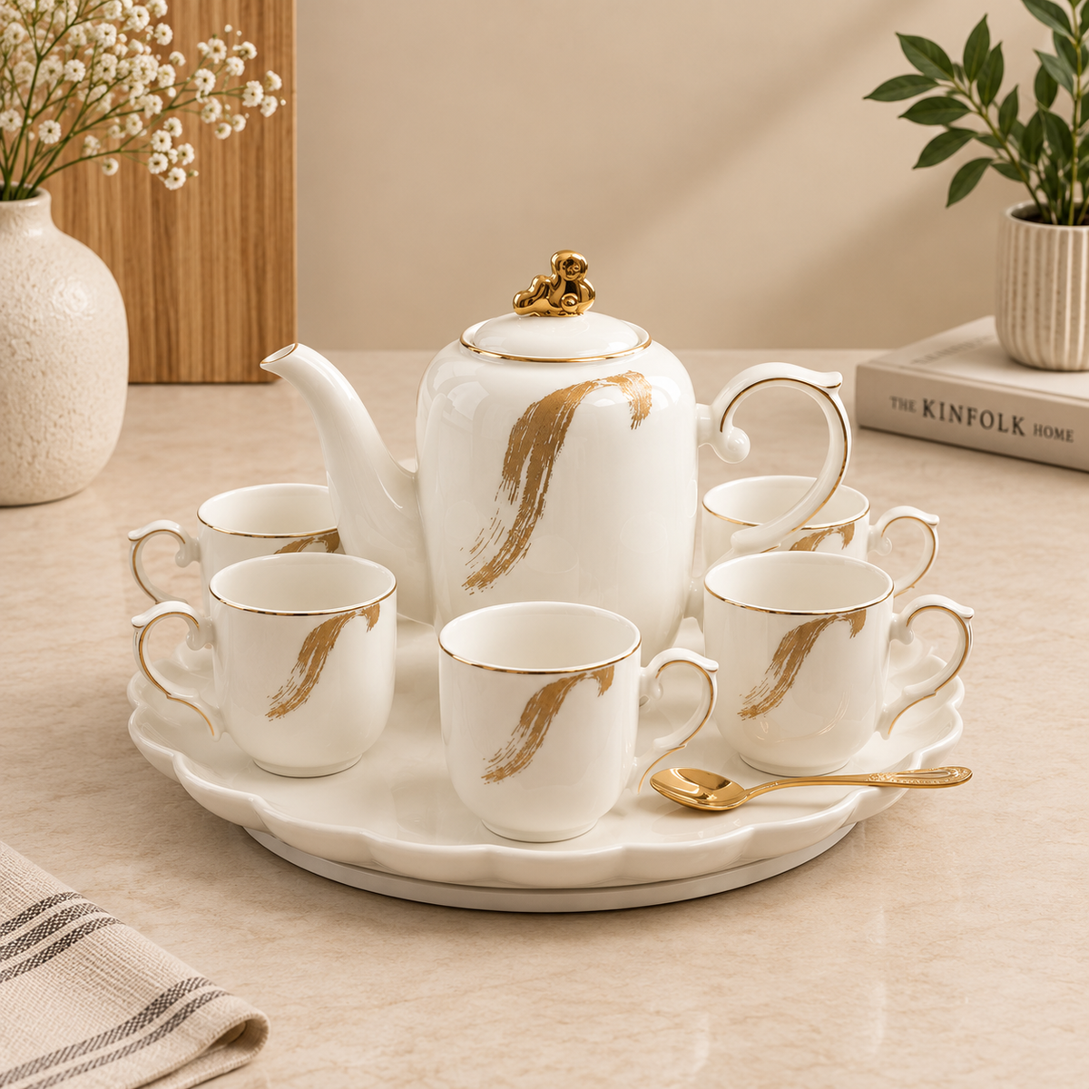 Elegant 8-Piece Tea Set with Teapot & Rotating Tray