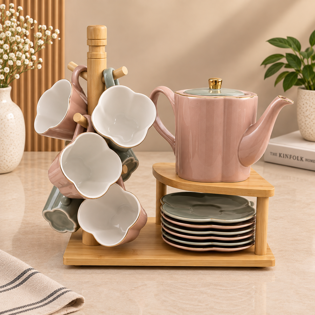 Luxury Ceramic Tea Set with 6 Cups & Teapot