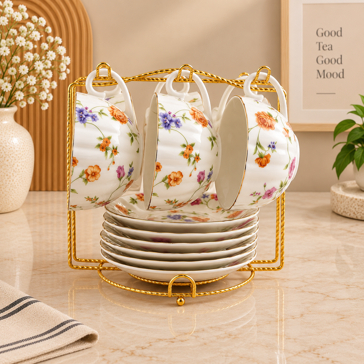 Premium Floral Ceramic Tea Set with Stand