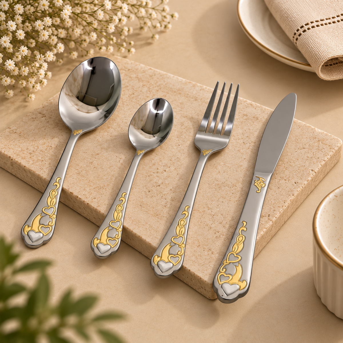 Royal Gold Heart 24-Piece Stainless Steel Cutlery Set