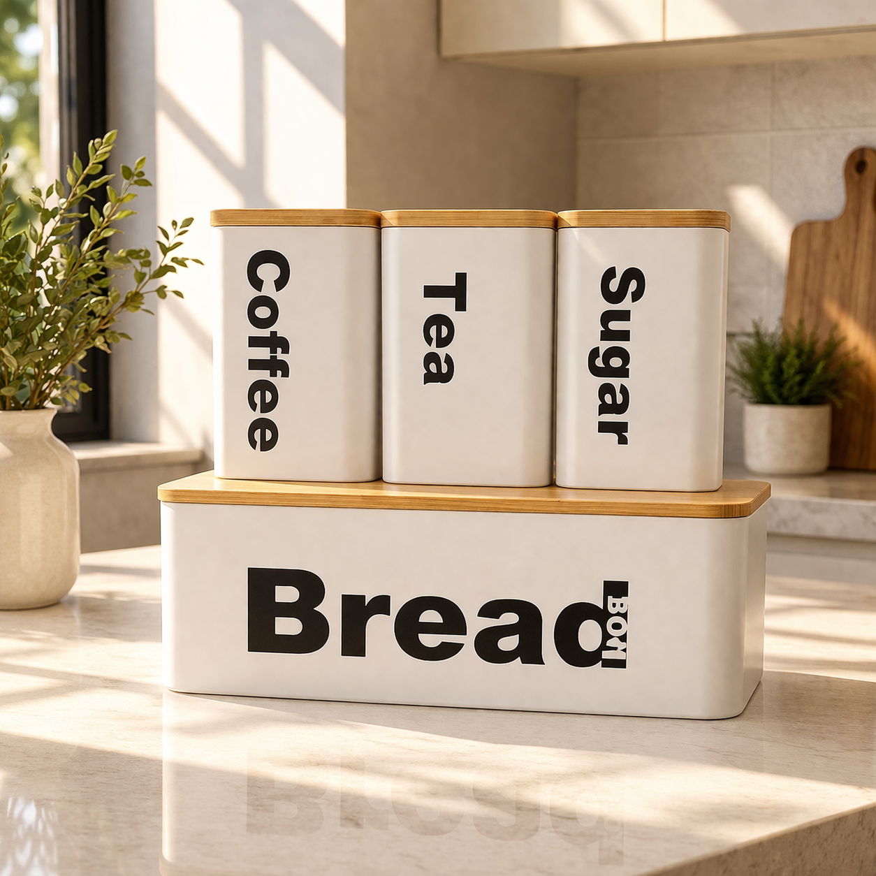 Premium Metal Kitchen Storage Set with Bread Box – 4 Pcs (Coffee, Tea, Sugar Jars)
