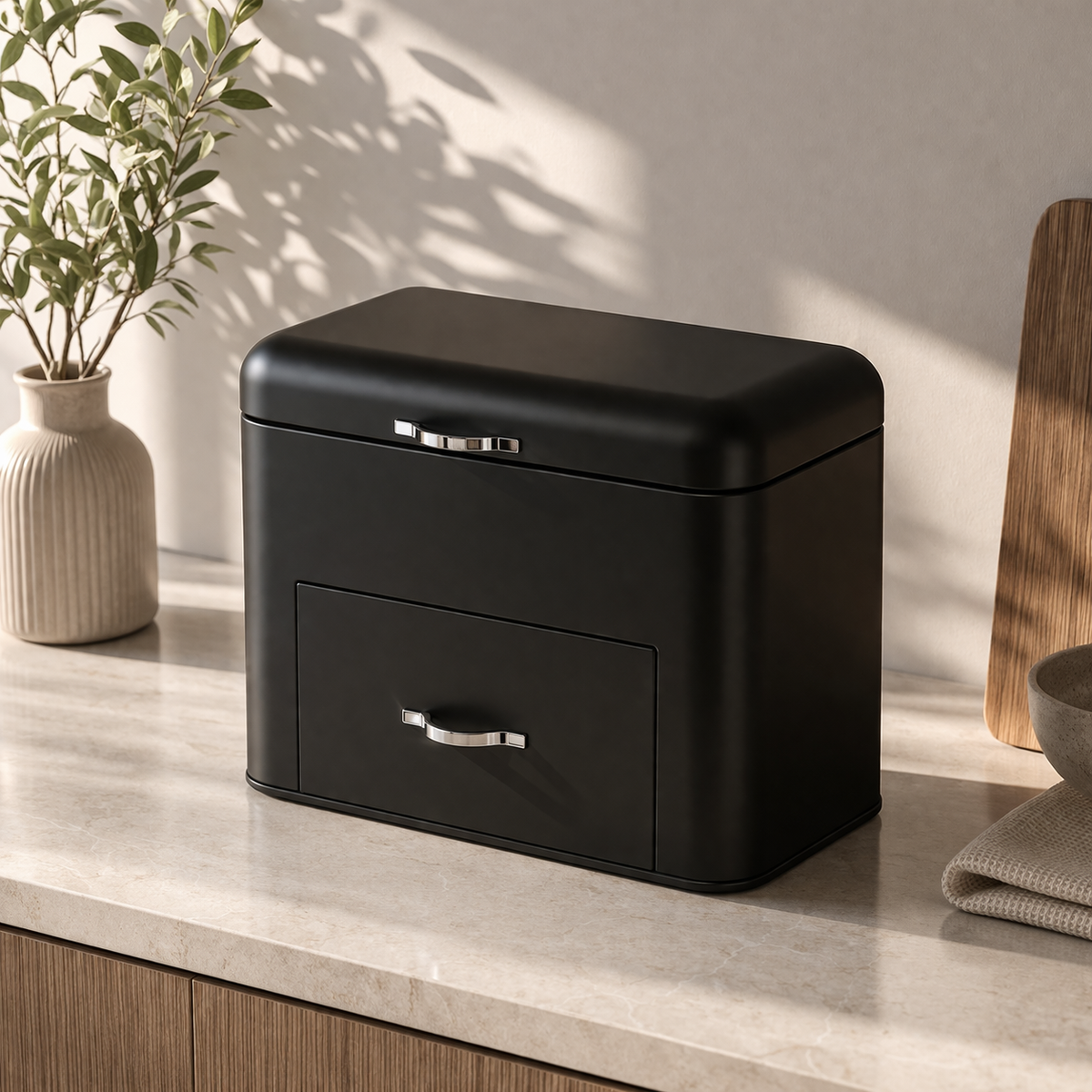Elegant Metal Bread Box with Storage Drawer – Matte Black Kitchen Organizer