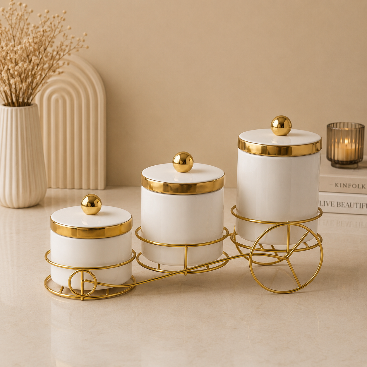 3 Pcs White Ceramic Jars with Golden Stand