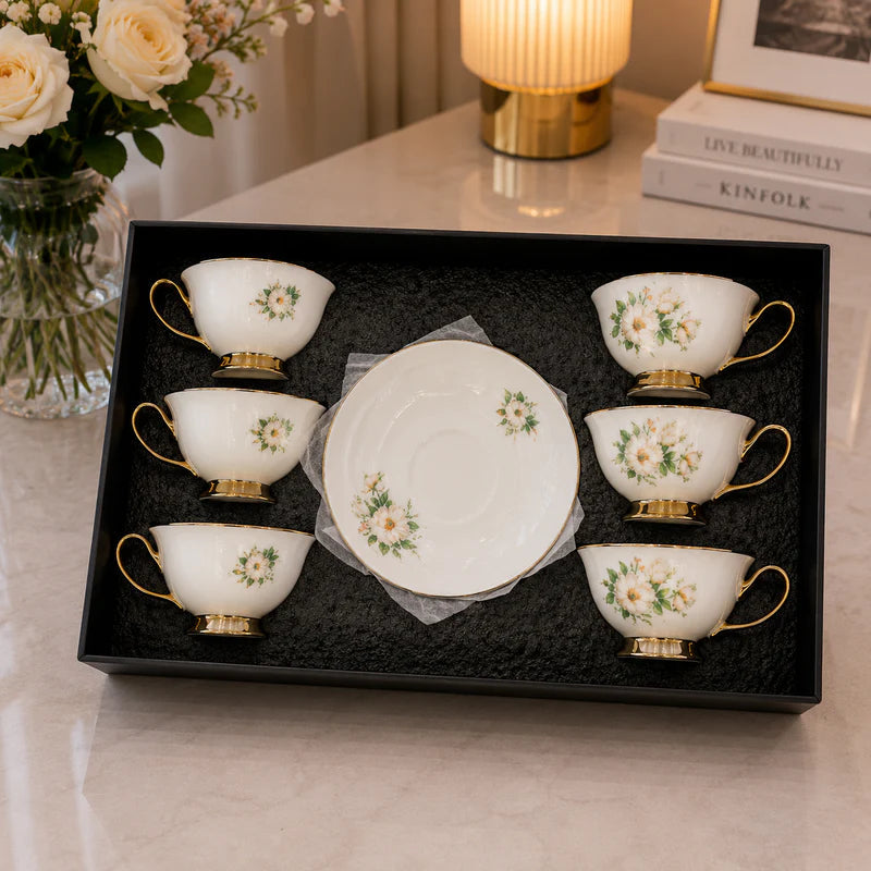 White Blossom Gold Ceramic Coffee Set - 12Pcs