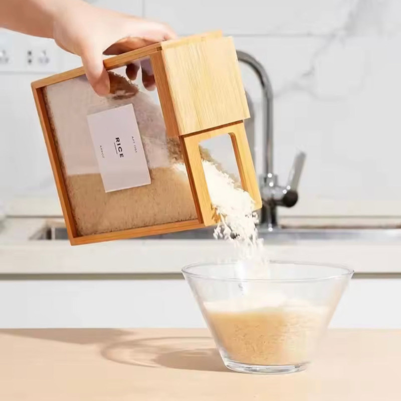 Wooden Cereal Storage Jar, Grain Food Bamboo Storage Container, Kitchen Food Storage Box Organizer
